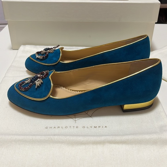 Charlotte Olympia Teal Suede Scorpio Smoking Loafers Size 35 - Picture 2 of 9